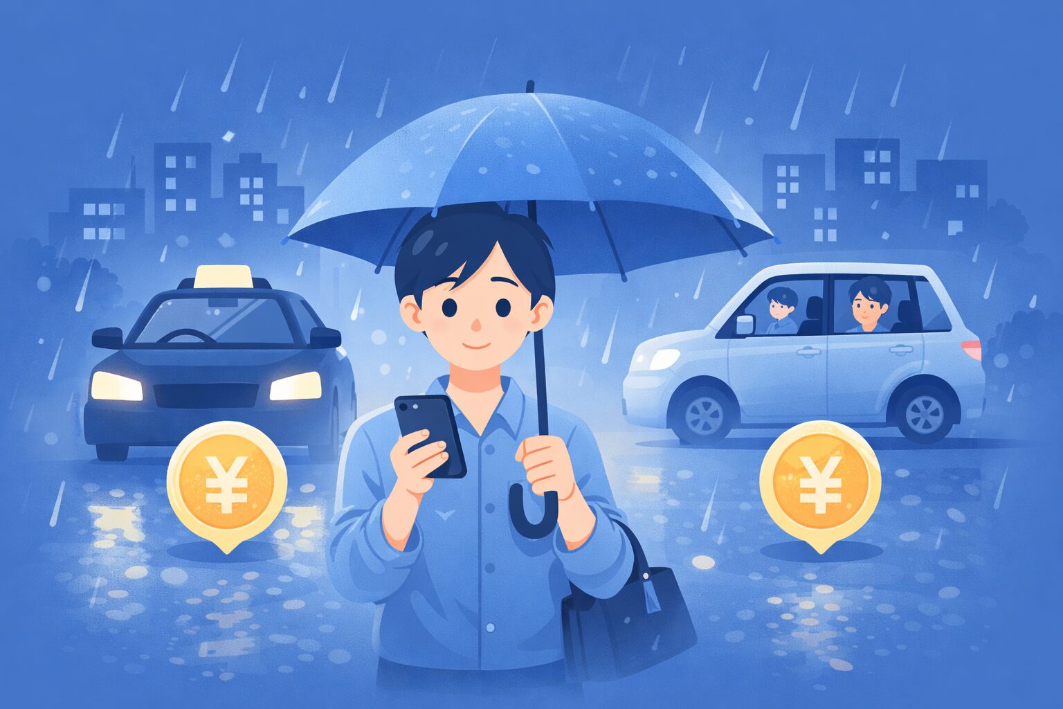 都会の夕方の雨の日に安く帰る方法｜タクシーと代行を比較