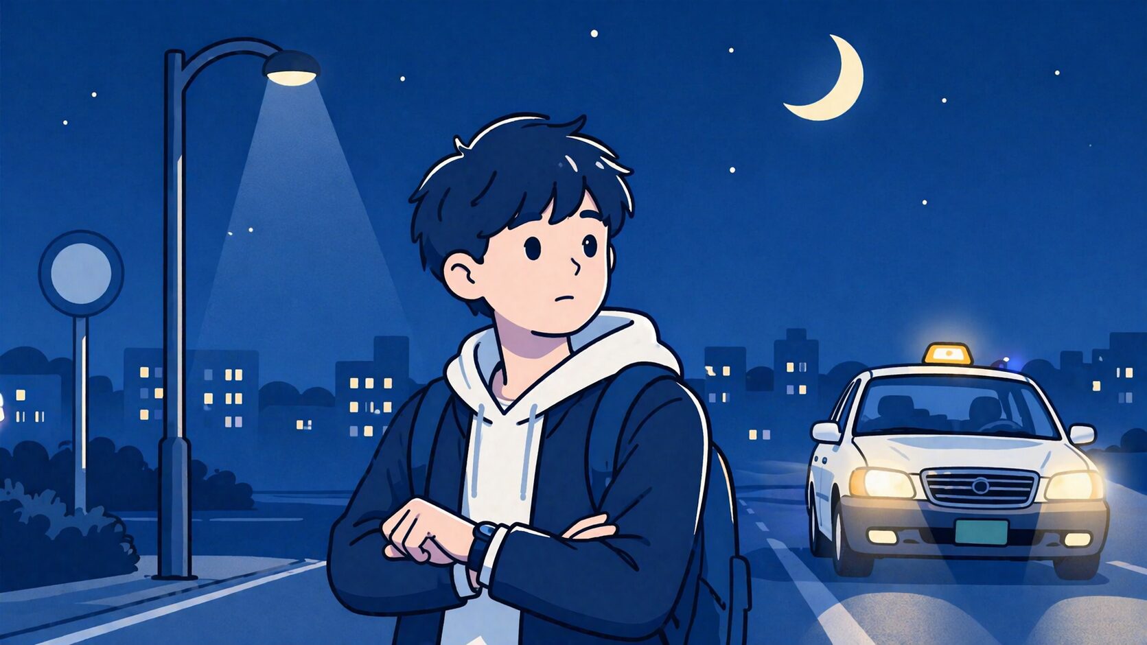 あなたはプロのエディトリアルイラストレーターです。ブログ記事のアイキャッチ画像を作成してください。文字は絶対に入れない。16:9横長。日本の地方都市の夜、青と白を基調にしたクリーンで親しみやすいフラットイラスト。主役を中央に配置し、背景はシンプル、スマホのニュースフィードでも一瞬で内容が伝わる構図。要素は3つ以内。 記事タイトルは深夜にタクシーが捕まらないとき安く帰る方法｜学生でも無理なく帰れる現実的な選択。　そして、キーワードは料金・比較, お困りごと対策, シーン別対策, 都会攻略Discover向けの視認性を最優先。