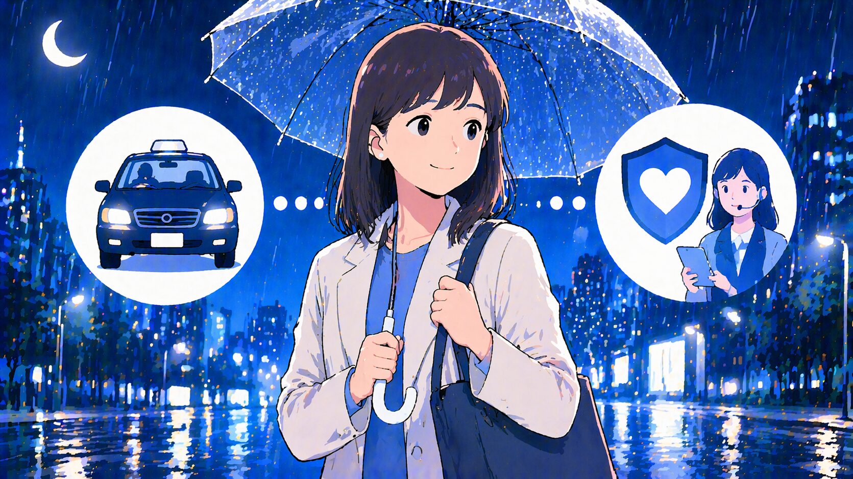都会の深夜、雨の中でも一人で安全に帰れる——女性が知っておくべき「確実な帰り方」の選び方