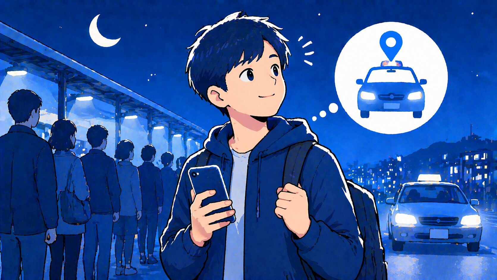 地方の夜、タクシー待ちの列に絶望したあなたへ。混雑をすり抜けて「最短」で帰宅する新常識